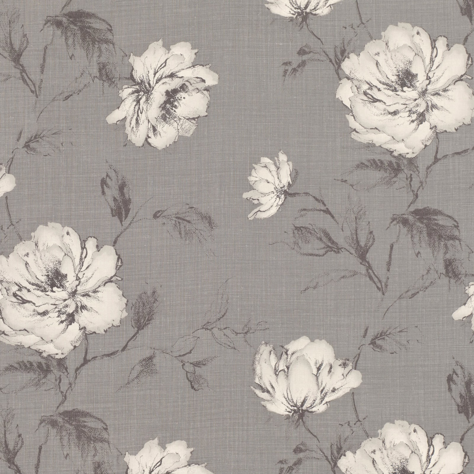 Cool dove-grey floral fabric with ivory peonies and fine crosshatched ground