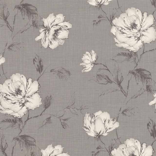 Cool dove-grey floral fabric with ivory peonies and fine crosshatched ground