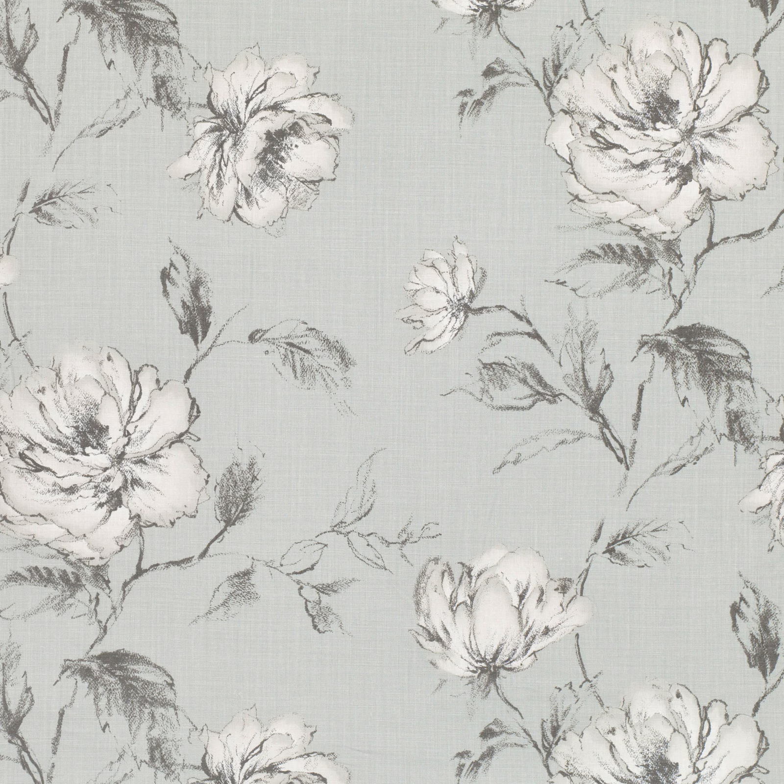 Pale lovat grey-green fabric with ivory peonies and charcoal sketched leaves