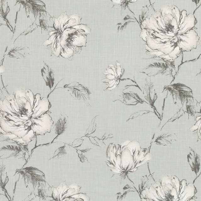 Pale lovat grey-green fabric with ivory peonies and charcoal sketched leaves