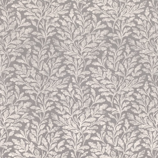 Arctic grey fabric with pale ivory leafy branches in a textured botanical repeat