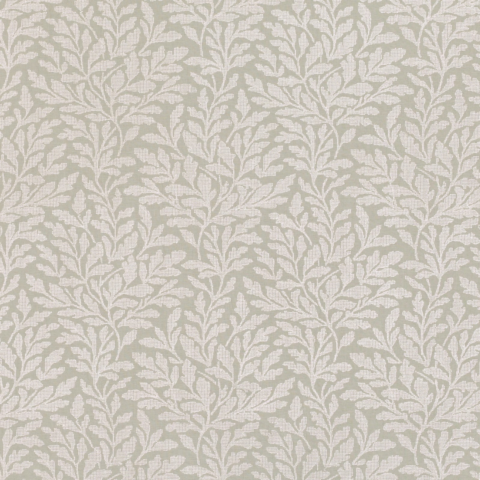 Pale fog-grey fabric with ivory scrolling leaf embroidery and softly raised texture