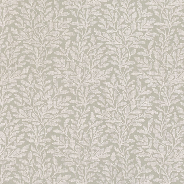 Pale fog-grey fabric with ivory scrolling leaf embroidery and softly raised texture
