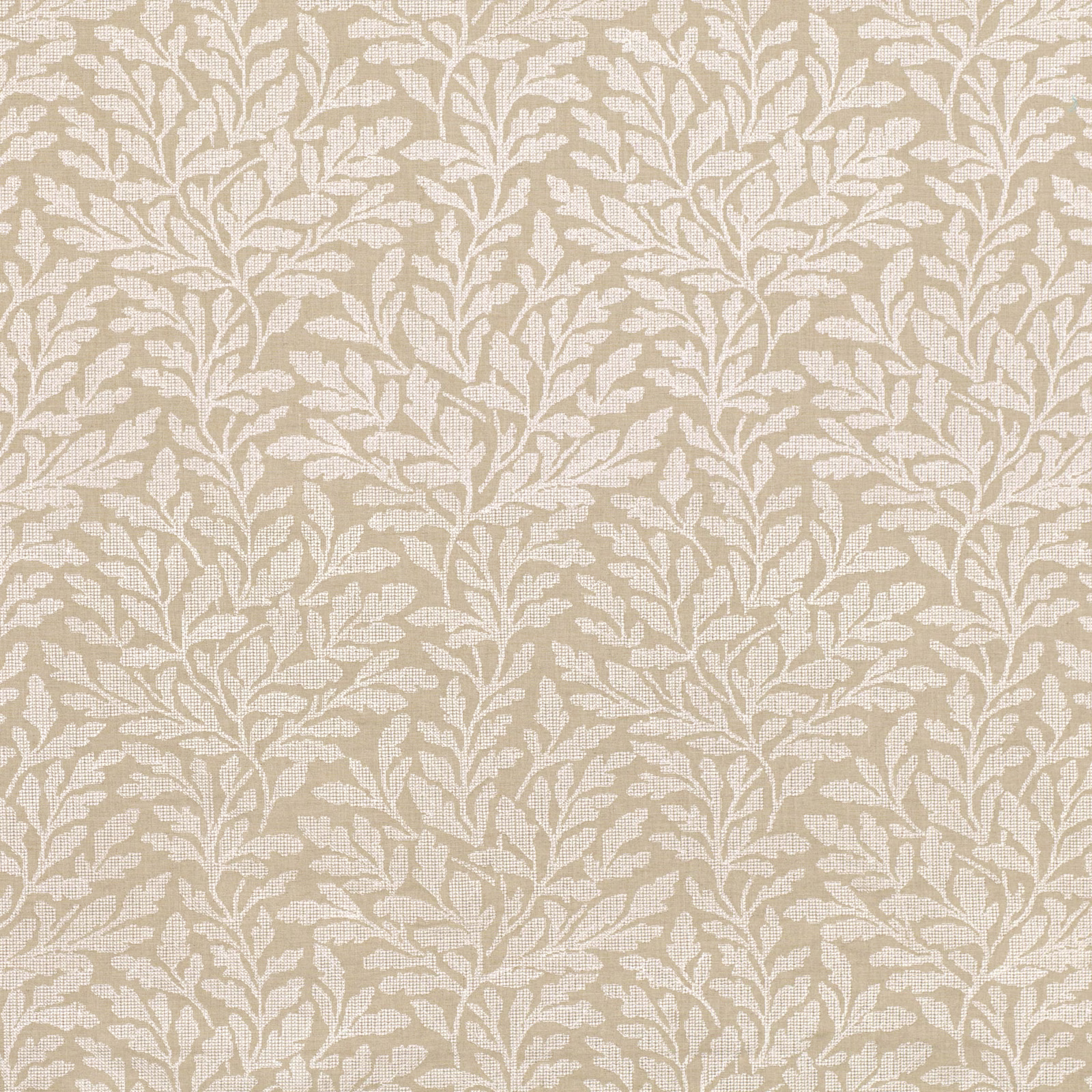 Warm beige fabric with ivory embroidered leafy stems and fine woven texture