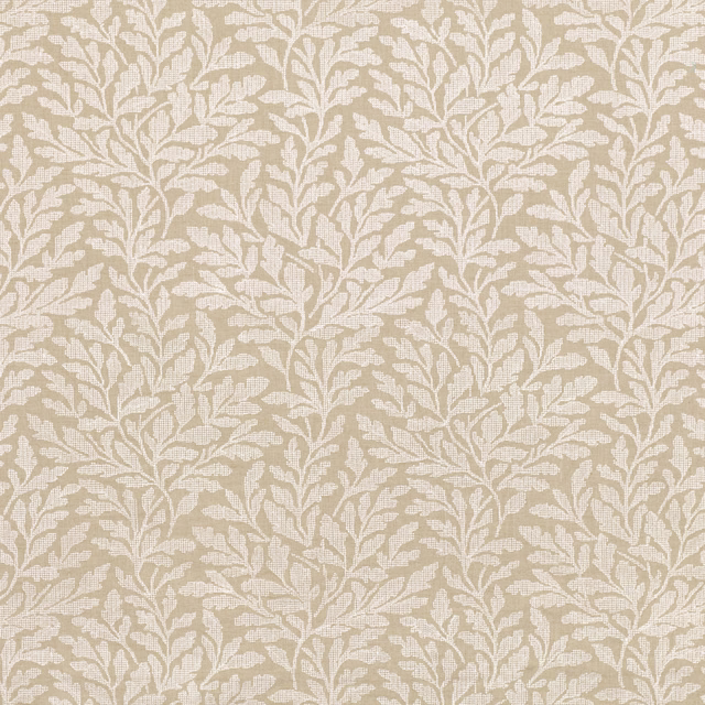 Warm beige fabric with ivory embroidered leafy stems and fine woven texture