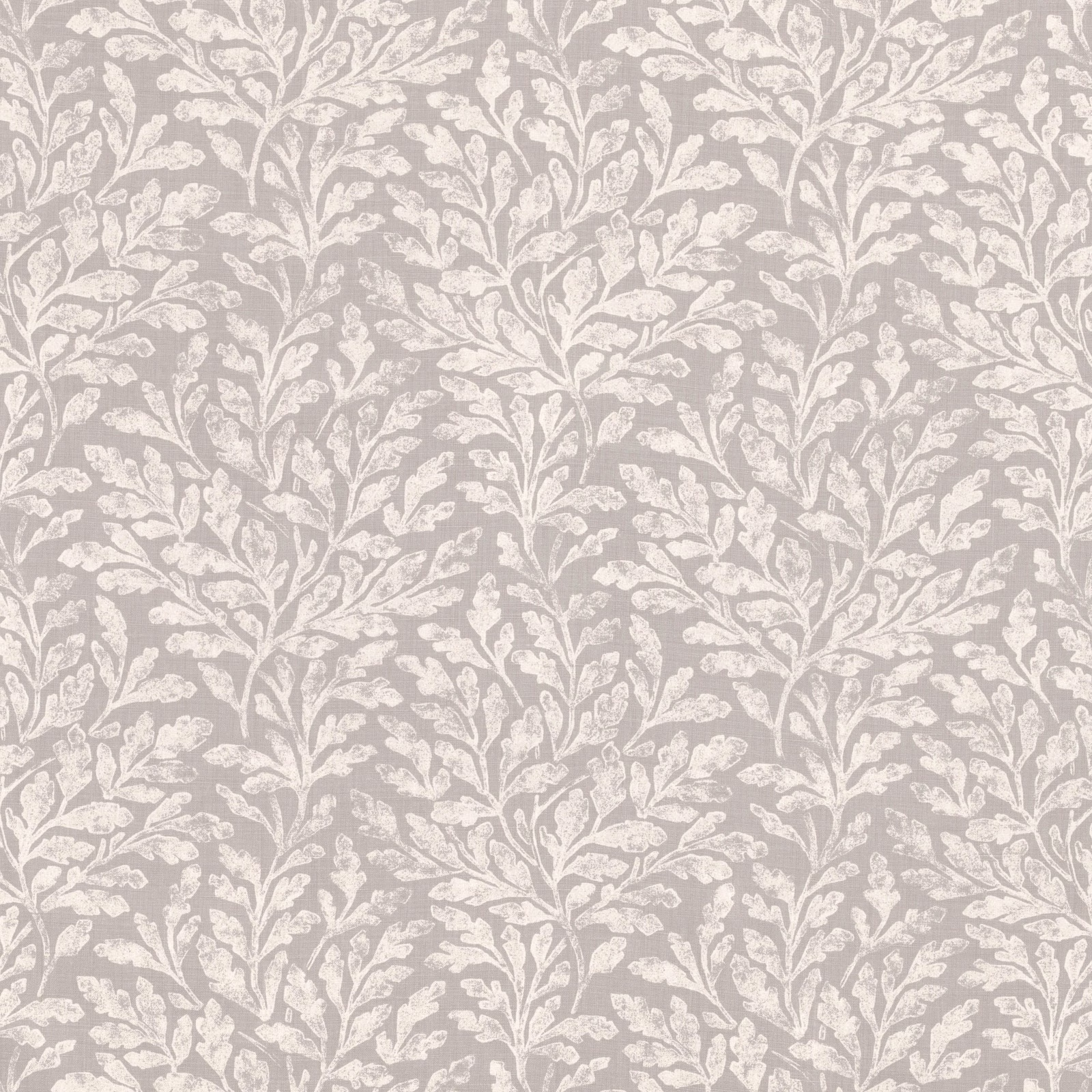 Taupe-grey fabric with repeating chalk-white leafy botanical stems and subtle surface texture