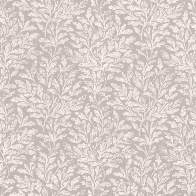 Taupe-grey fabric with repeating chalk-white leafy botanical stems and subtle surface texture