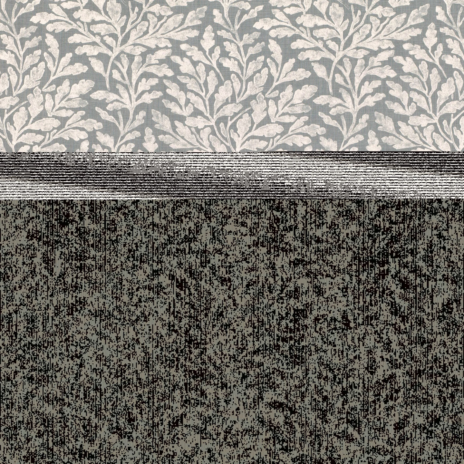 Cool silver-grey fabric with pale branching leaves and dense dark woven texture