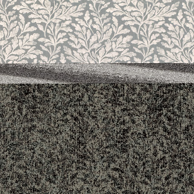 Cool silver-grey fabric with pale branching leaves and dense dark woven texture