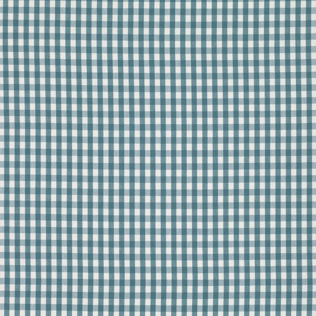 Close-up of robin egg blue and white small gingham check with woven texture