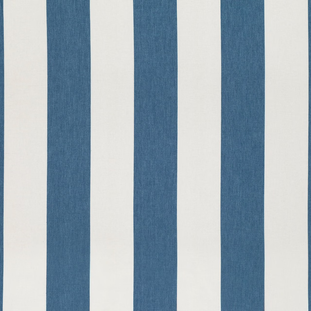 Indigo-blue and ivory vertical stripe fabric with a subtly slubbed woven texture
