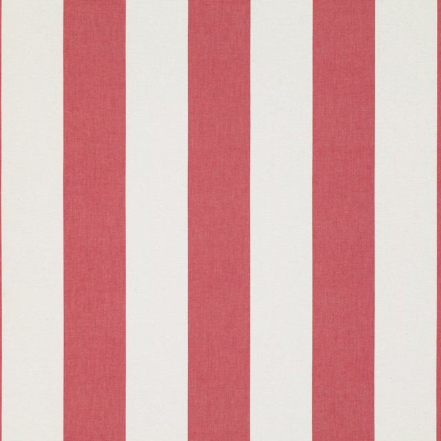 Muted coral-red and cream vertical stripe fabric with a fine woven texture
