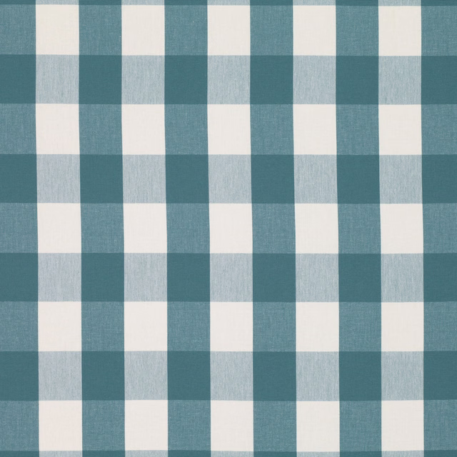 Muted robin egg blue and ivory check fabric with a softly textured woven surface