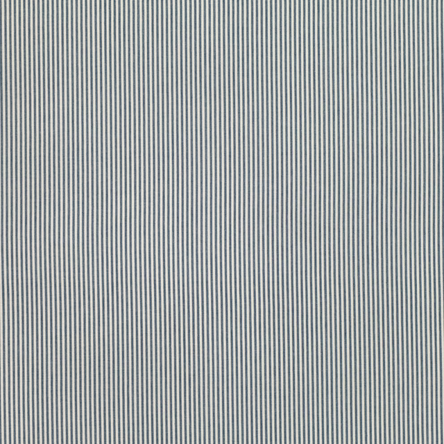 Fine vertical indigo and pale grey pinstripes with a subtly textured weave