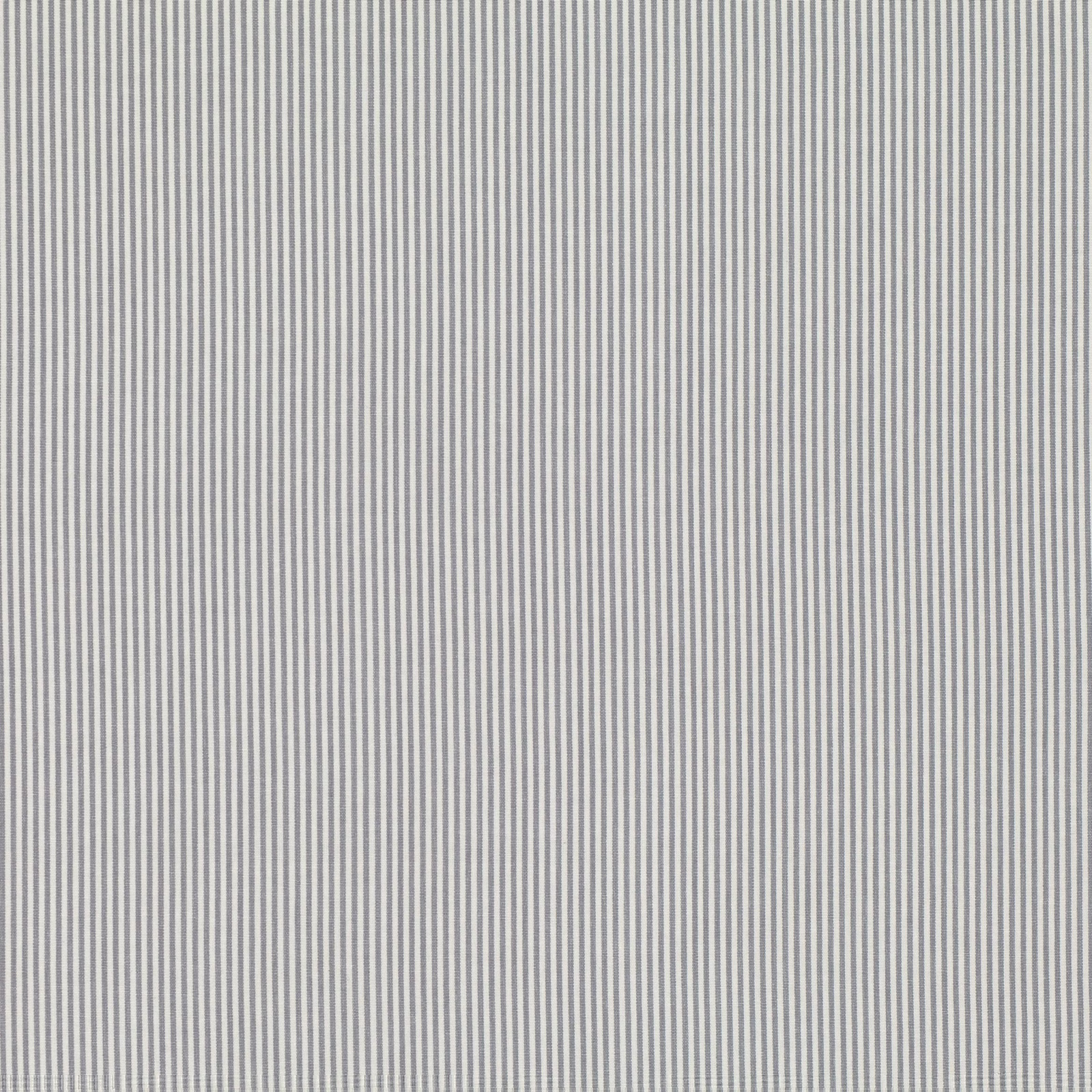 Close-up of cool storm-grey and ivory fabric with fine vertical woven stripes