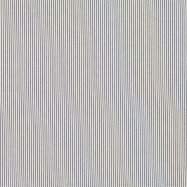 Close-up of cool storm-grey and ivory fabric with fine vertical woven stripes