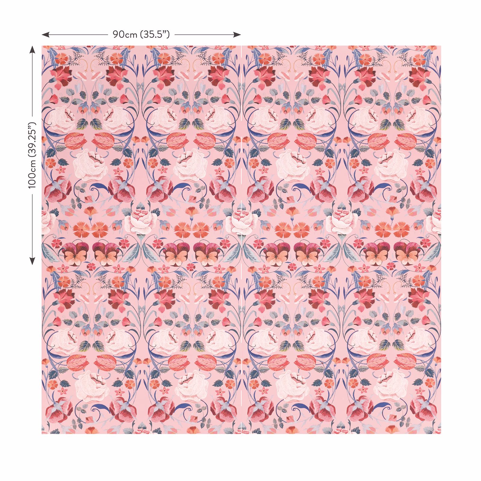 Pink floral wallcovering with blue stems, coral blooms and berry accents