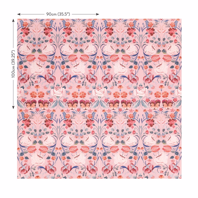 Pink floral wallcovering with blue stems, coral blooms and berry accents