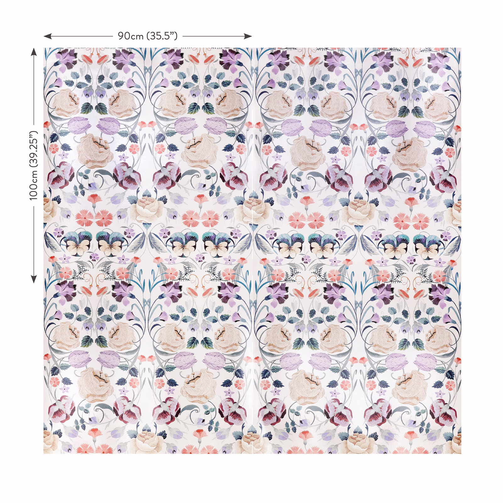Pale lilac ash wallcovering with scrolling botanical stems and softly coloured flowers