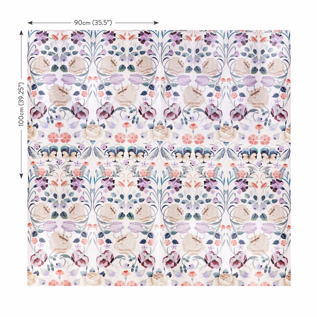 Pale lilac ash wallcovering with scrolling botanical stems and softly coloured flowers