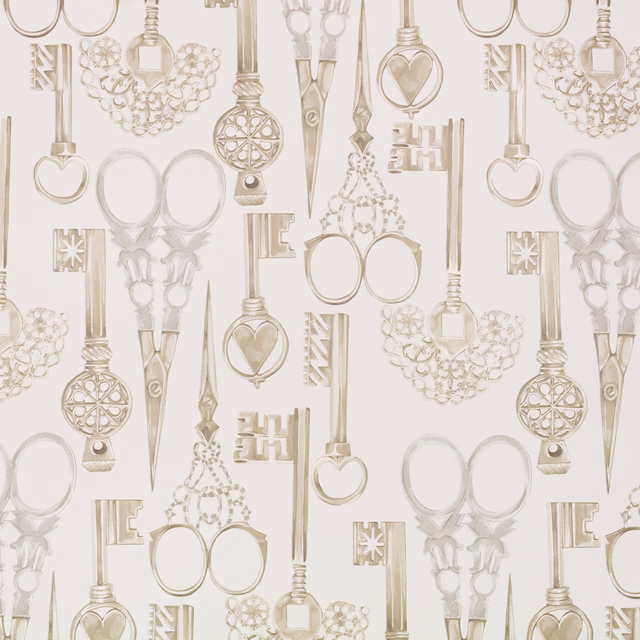 Ivory wallpaper with repeating ornate keys and lock motifs in soft taupe and grey