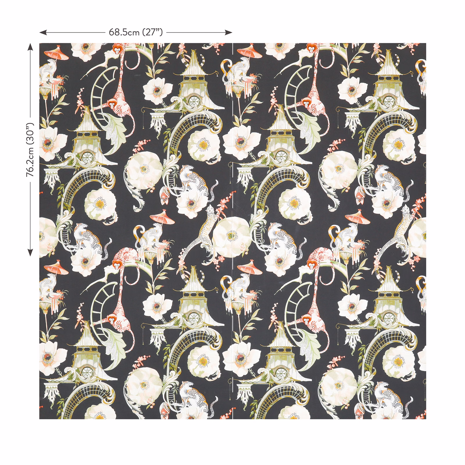 Charcoal Secret Garden wallpaper with ivory blooms, ornate towers, pale birds and coral mushrooms