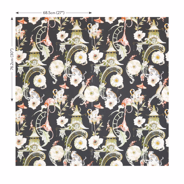 Charcoal Secret Garden wallpaper with ivory blooms, ornate towers, pale birds and coral mushrooms