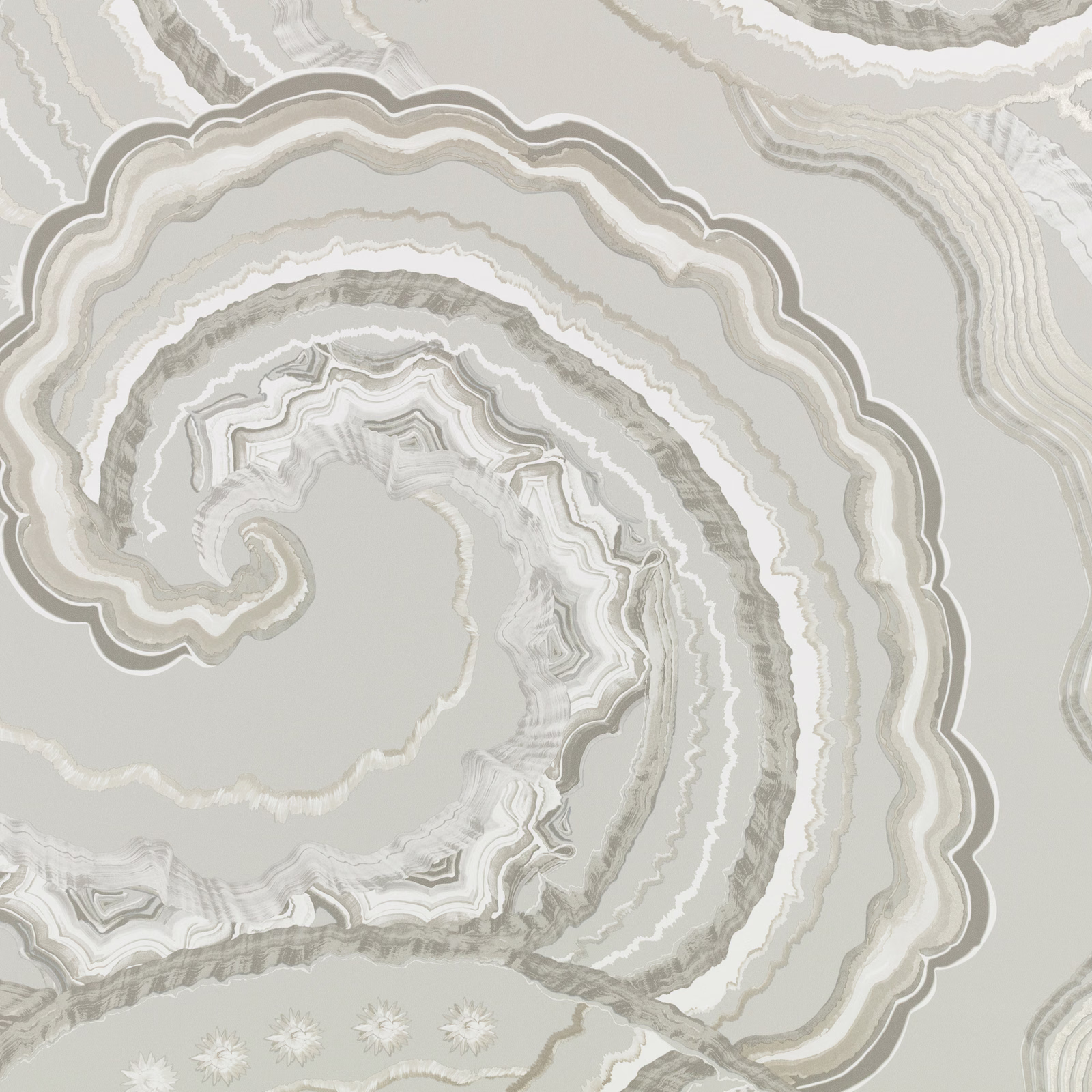 Pale quartz wallpaper with sweeping concentric agate rings in ivory and taupe