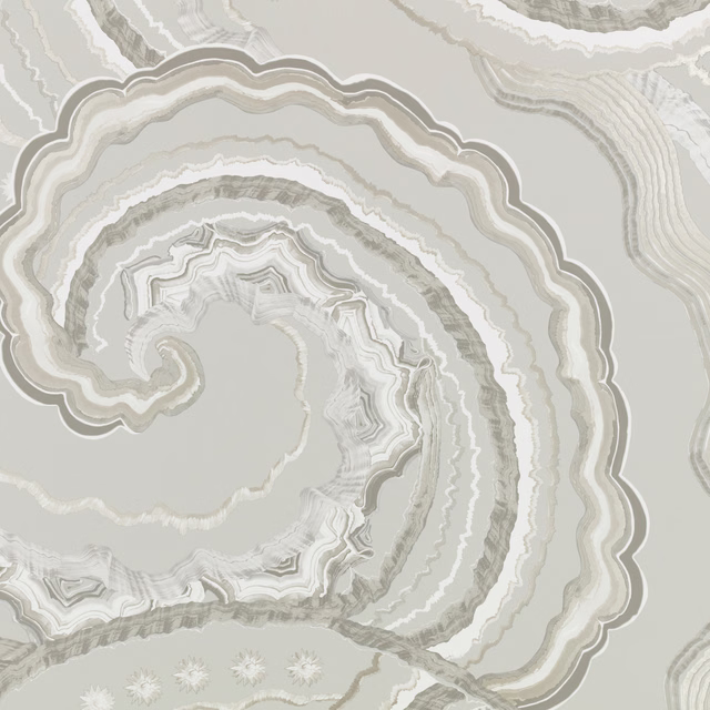 Pale quartz wallpaper with sweeping concentric agate rings in ivory and taupe