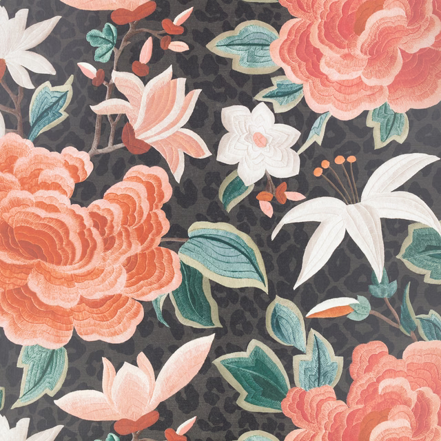 Charcoal wallcovering with coral blooms, ivory star flowers and teal leaves