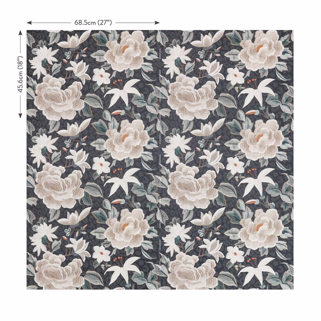 Dense slate floral wallcovering with cream blooms, pale leaves and terracotta details
