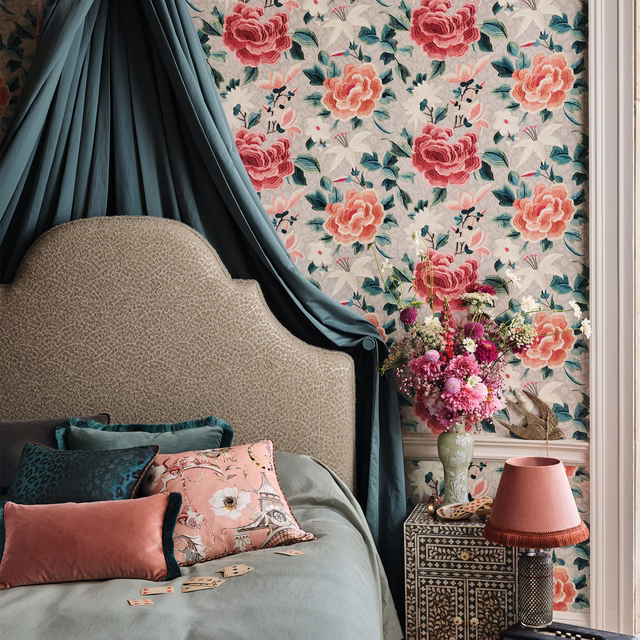 Mica wallpaper with coral roses, teal foliage and intricate botanical details
