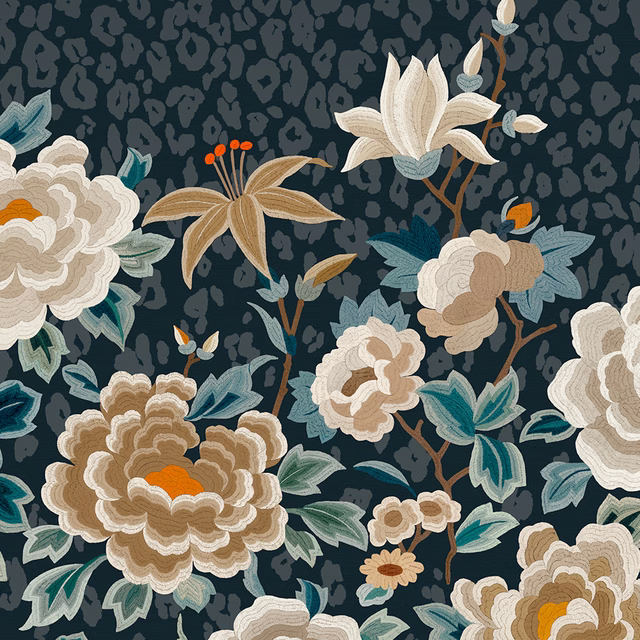 Midnight blue wallpaper with oversized cream florals, teal leaves and orange accents