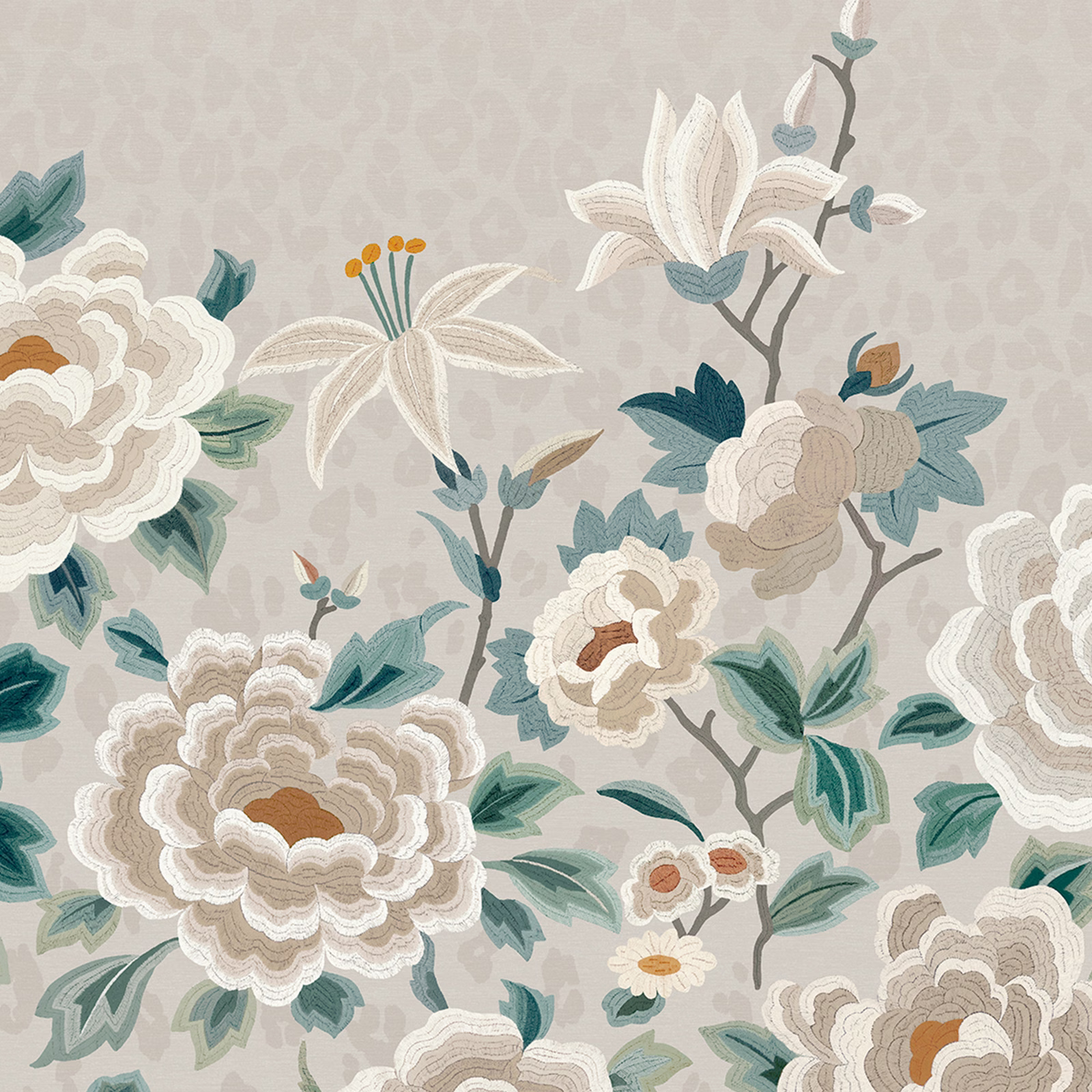 Porcelain-grey floral mural with ivory peonies, teal leaves and terracotta flower centres