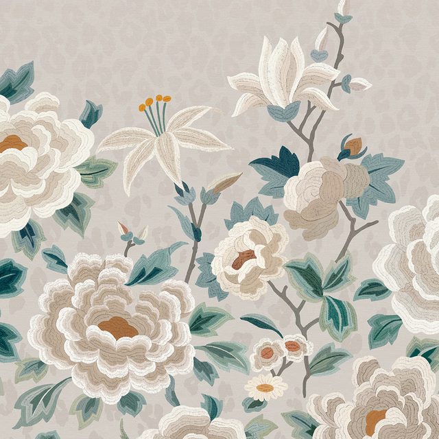 Porcelain-grey floral mural with ivory peonies, teal leaves and terracotta flower centres