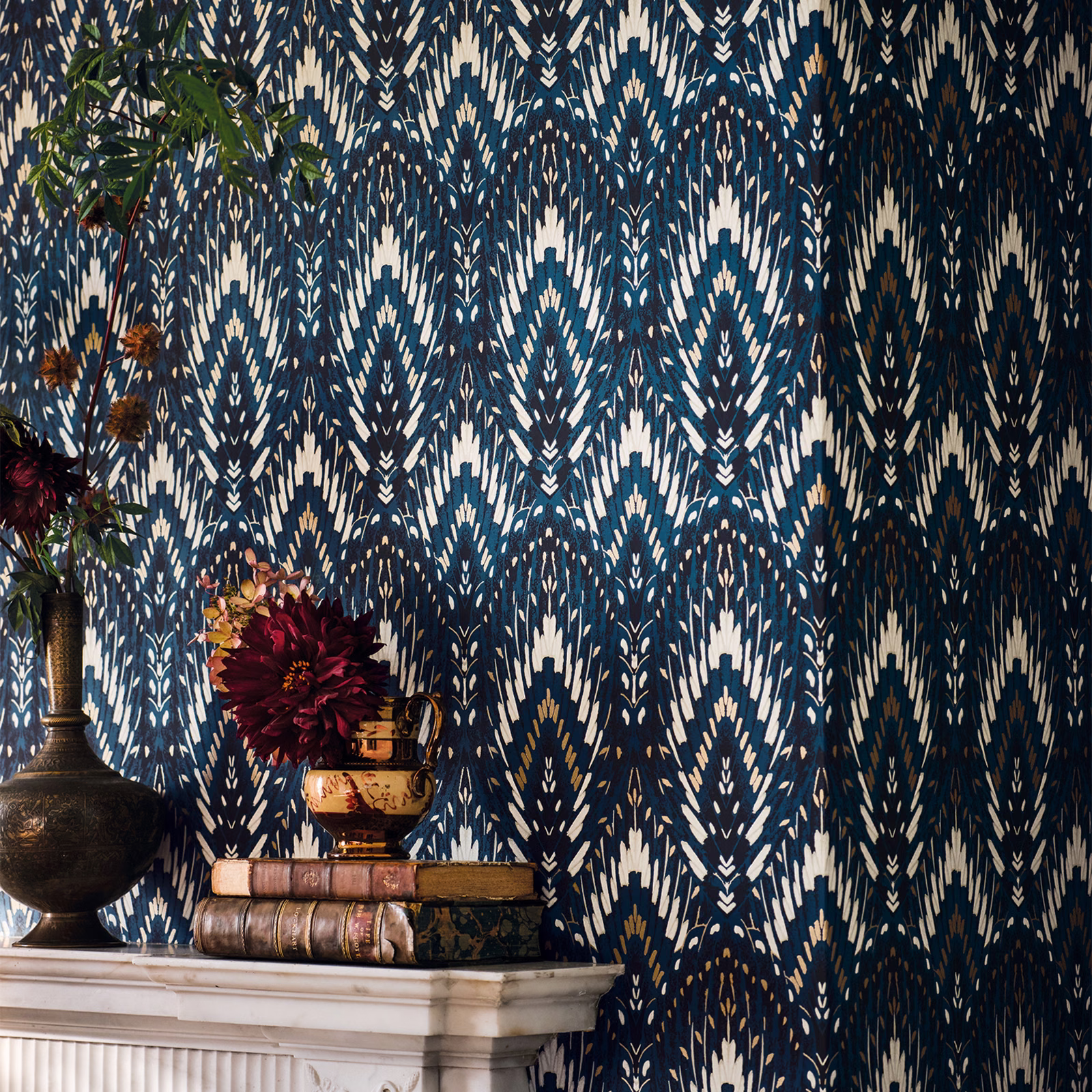 Deep cobalt wallpaper with cream, teal and ivory ikat-style vertical motifs