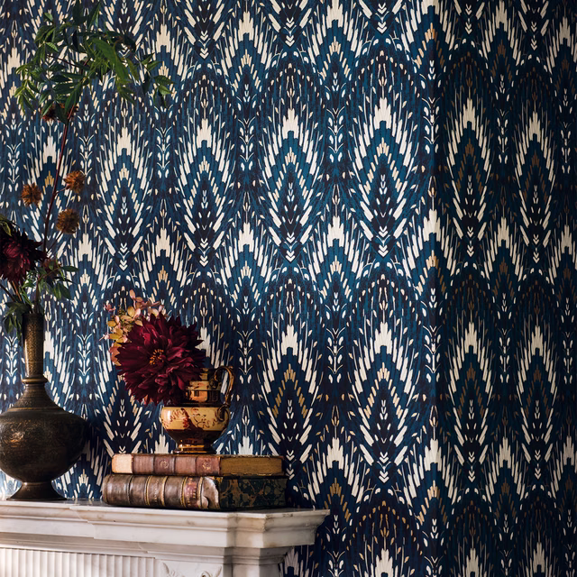 Deep cobalt wallpaper with cream, teal and ivory ikat-style vertical motifs