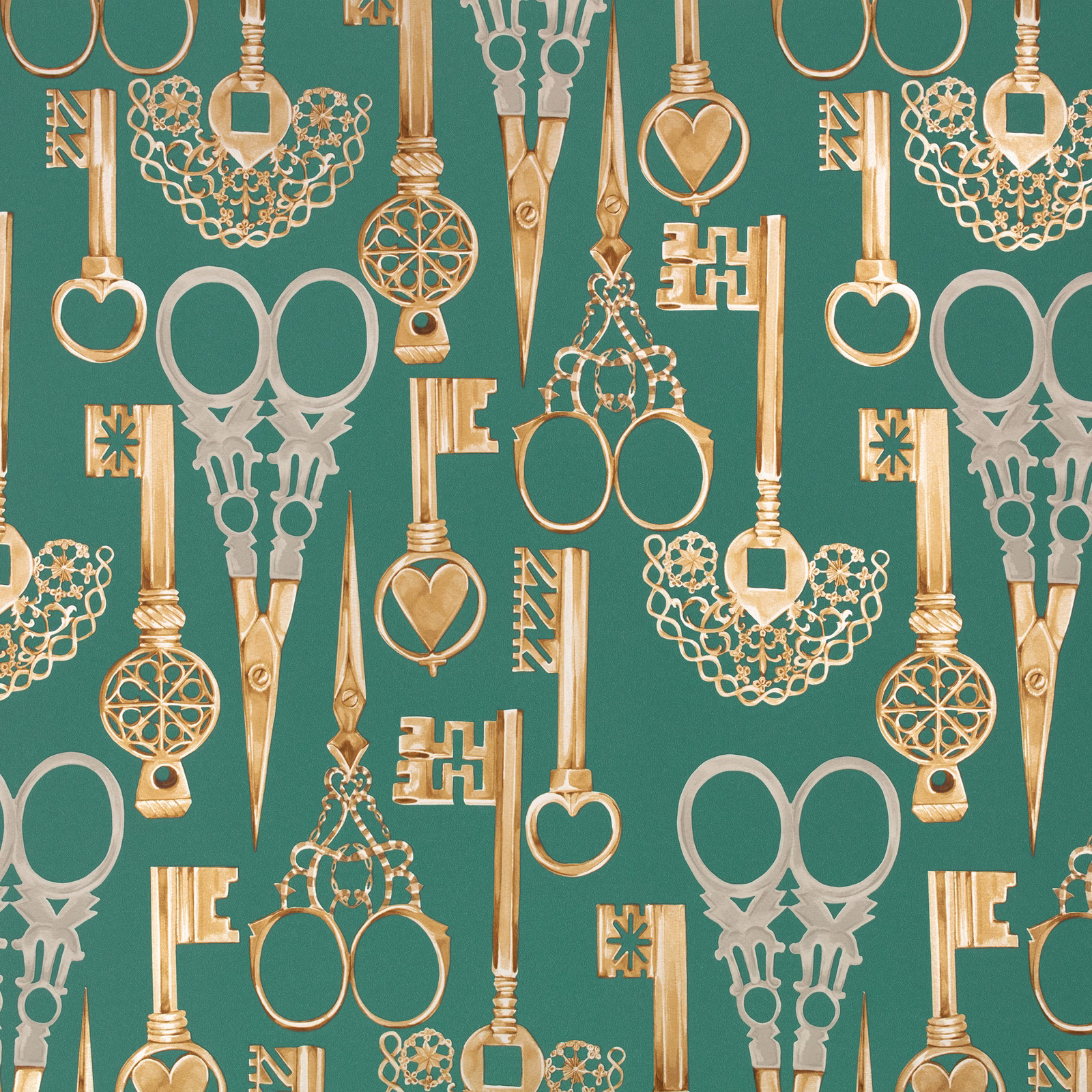 Deep jade wallpaper with gold keys, scissors, hearts and pale grey ornaments