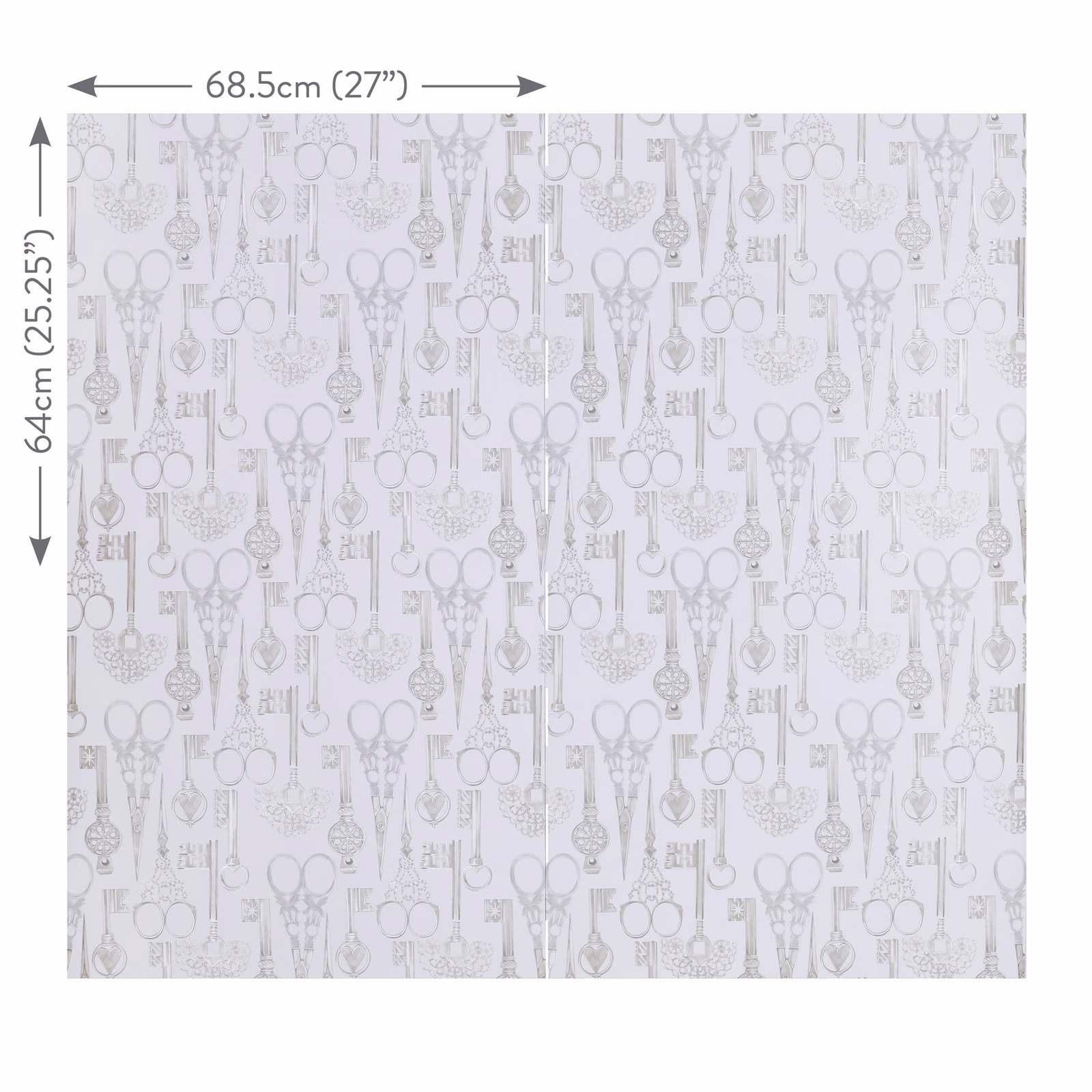 Pale lilac-grey wallpaper with repeating ornate keys and ring motifs