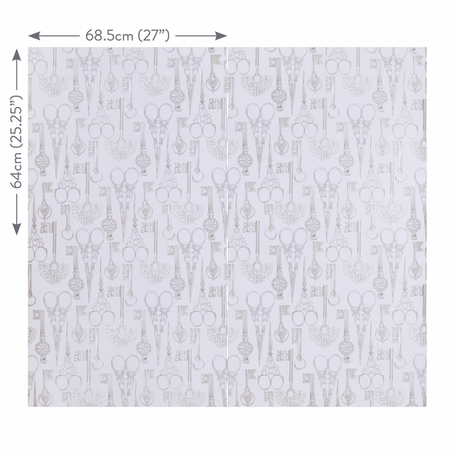 Pale lilac-grey wallpaper with repeating ornate keys and ring motifs