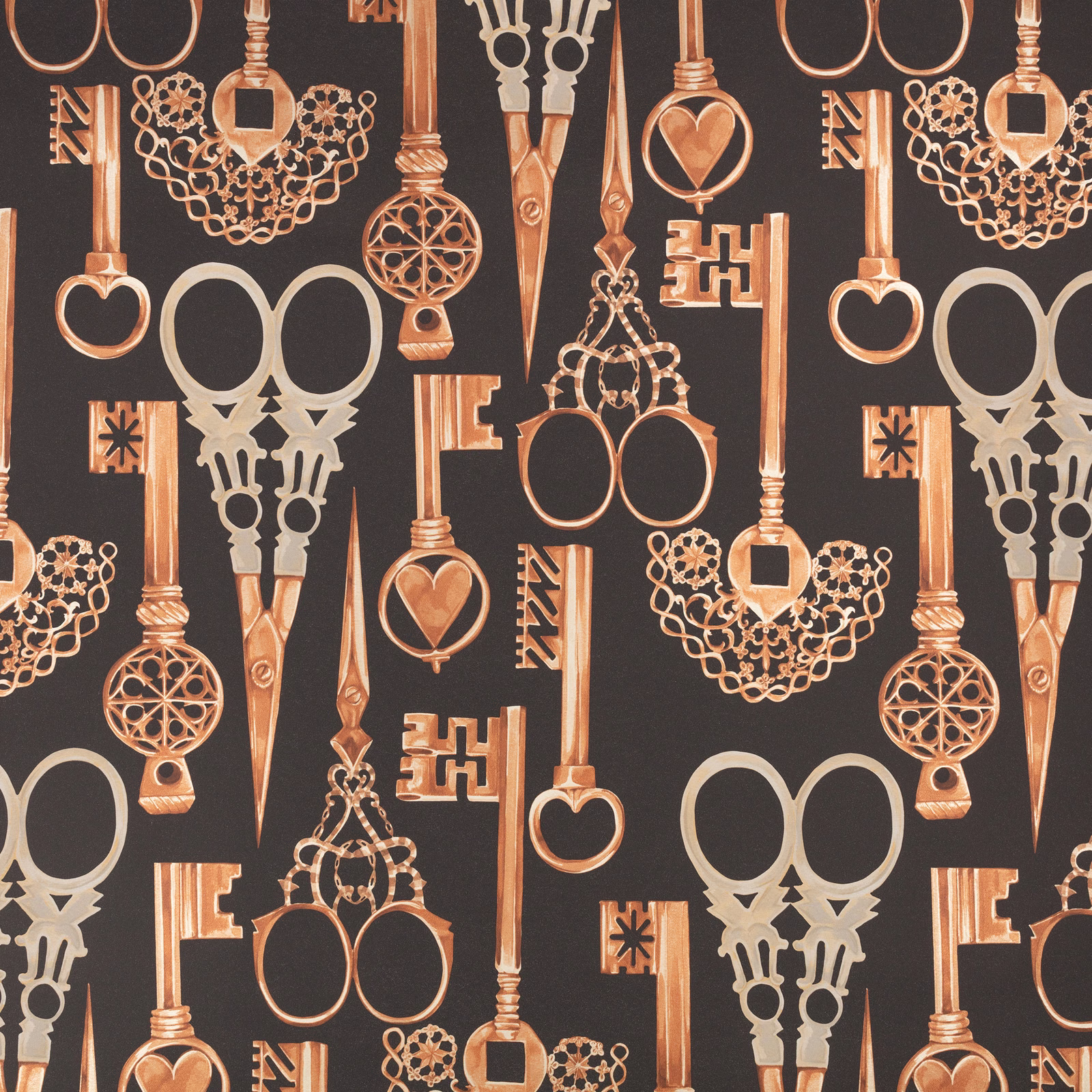 Charcoal wallpaper with copper ornate keys, scissors, hearts and pale grey motifs