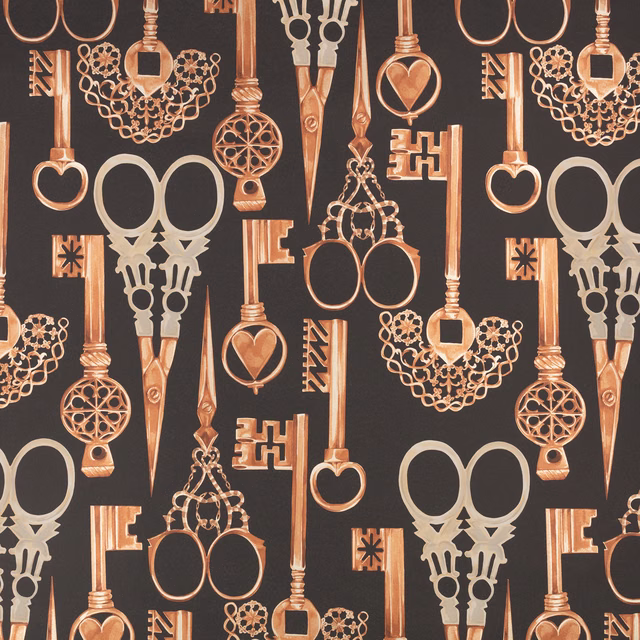 Charcoal wallpaper with copper ornate keys, scissors, hearts and pale grey motifs