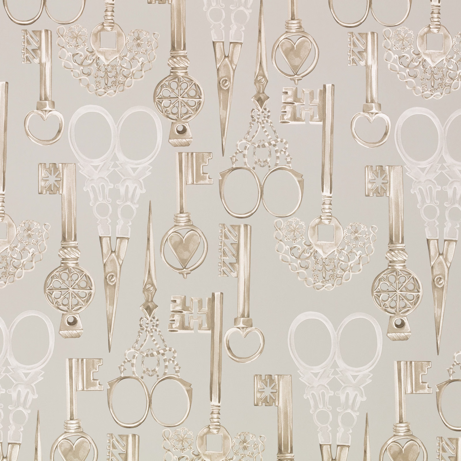 Pale greige wallpaper with ornate ivory keys, locks and softly metallic oval motifs