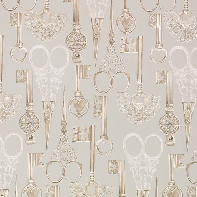 Pale greige wallpaper with ornate ivory keys, locks and softly metallic oval motifs