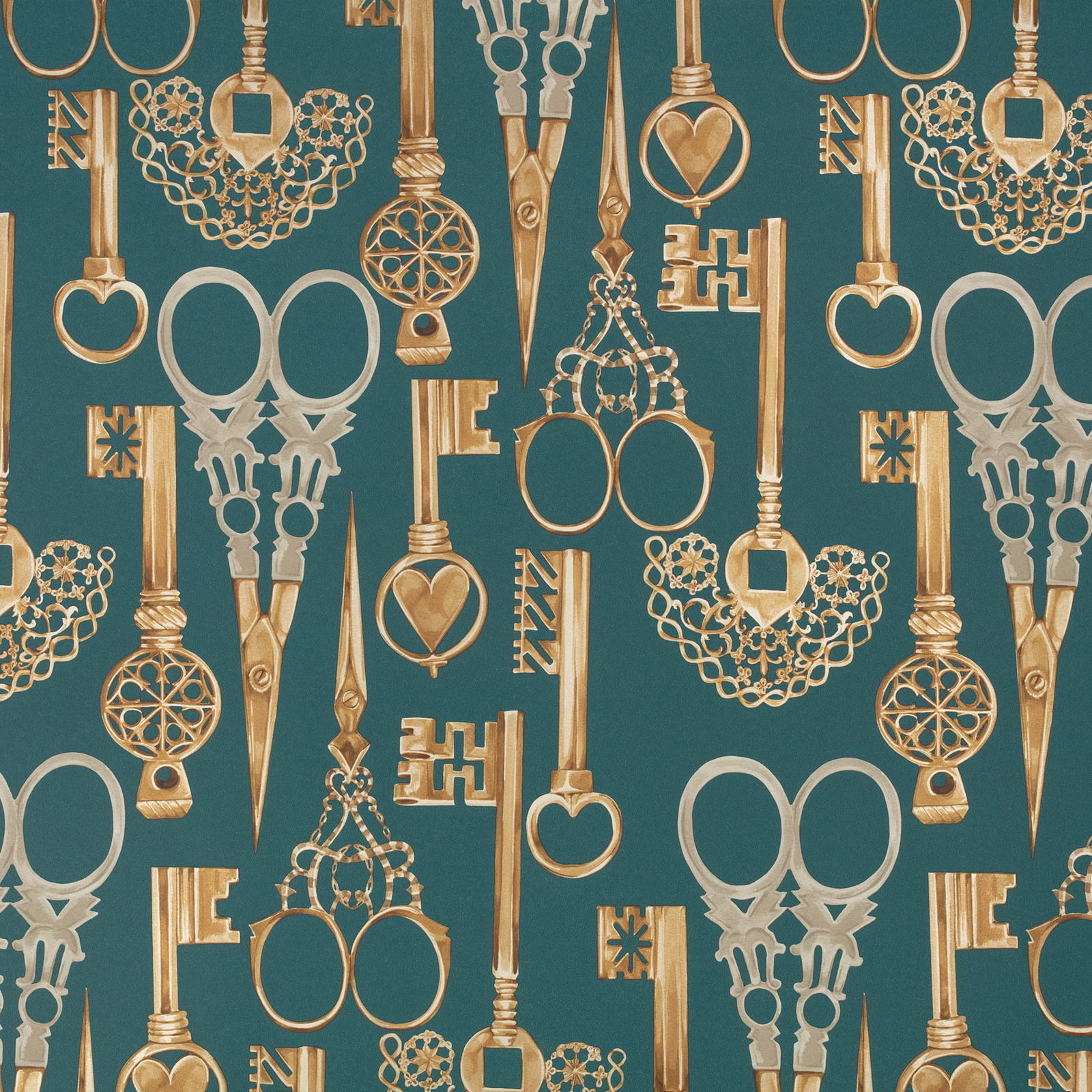 Deep peacock teal wallpaper with repeating gold and pale blue antique key motifs
