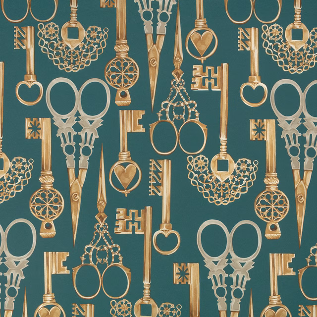 Deep peacock teal wallpaper with repeating gold and pale blue antique key motifs