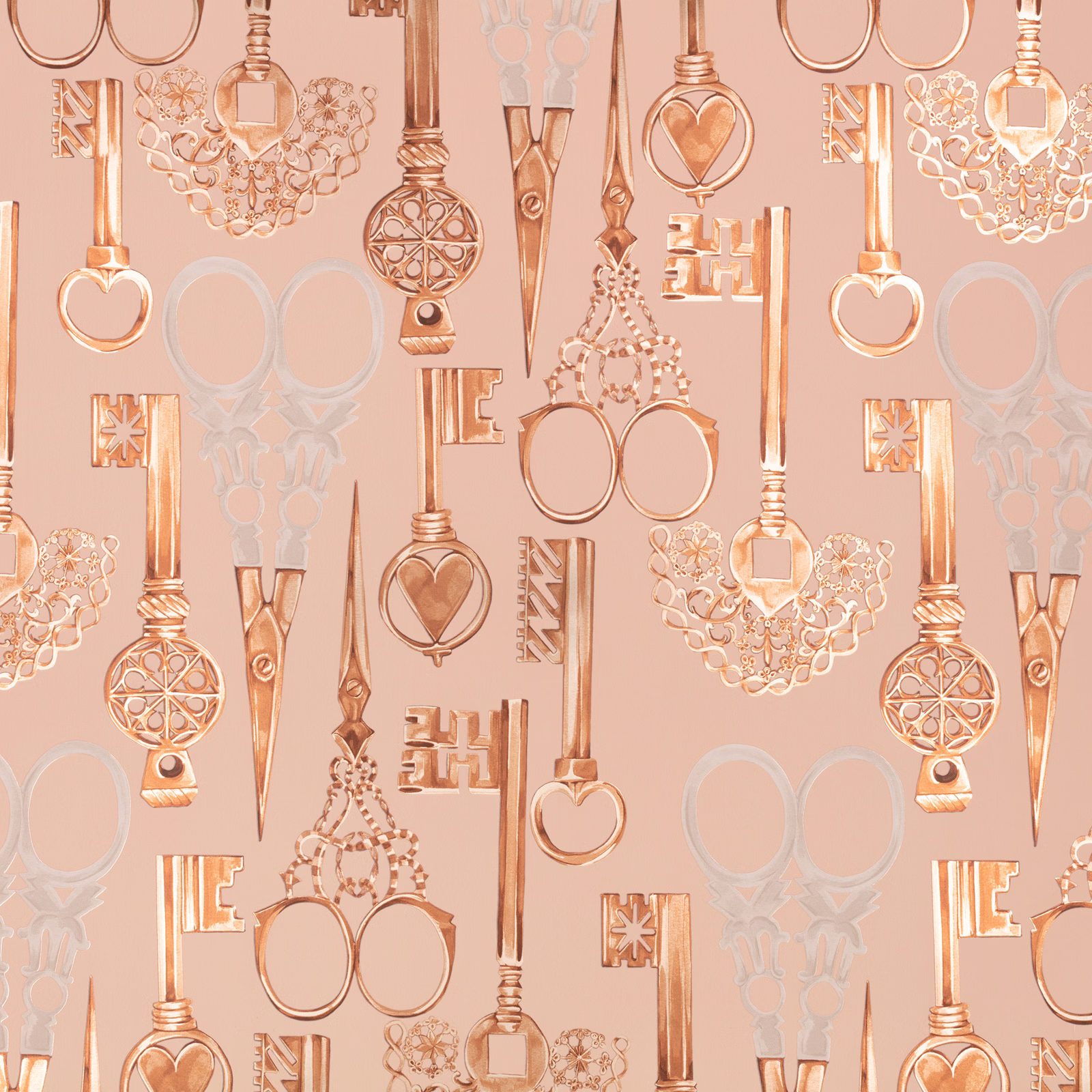 Blush pink wallpaper with copper keys, heart locks and pale grey scissors