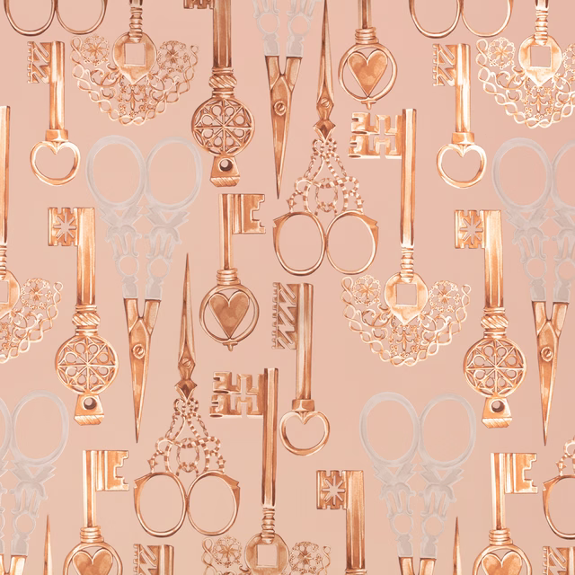 Blush pink wallpaper with copper keys, heart locks and pale grey scissors