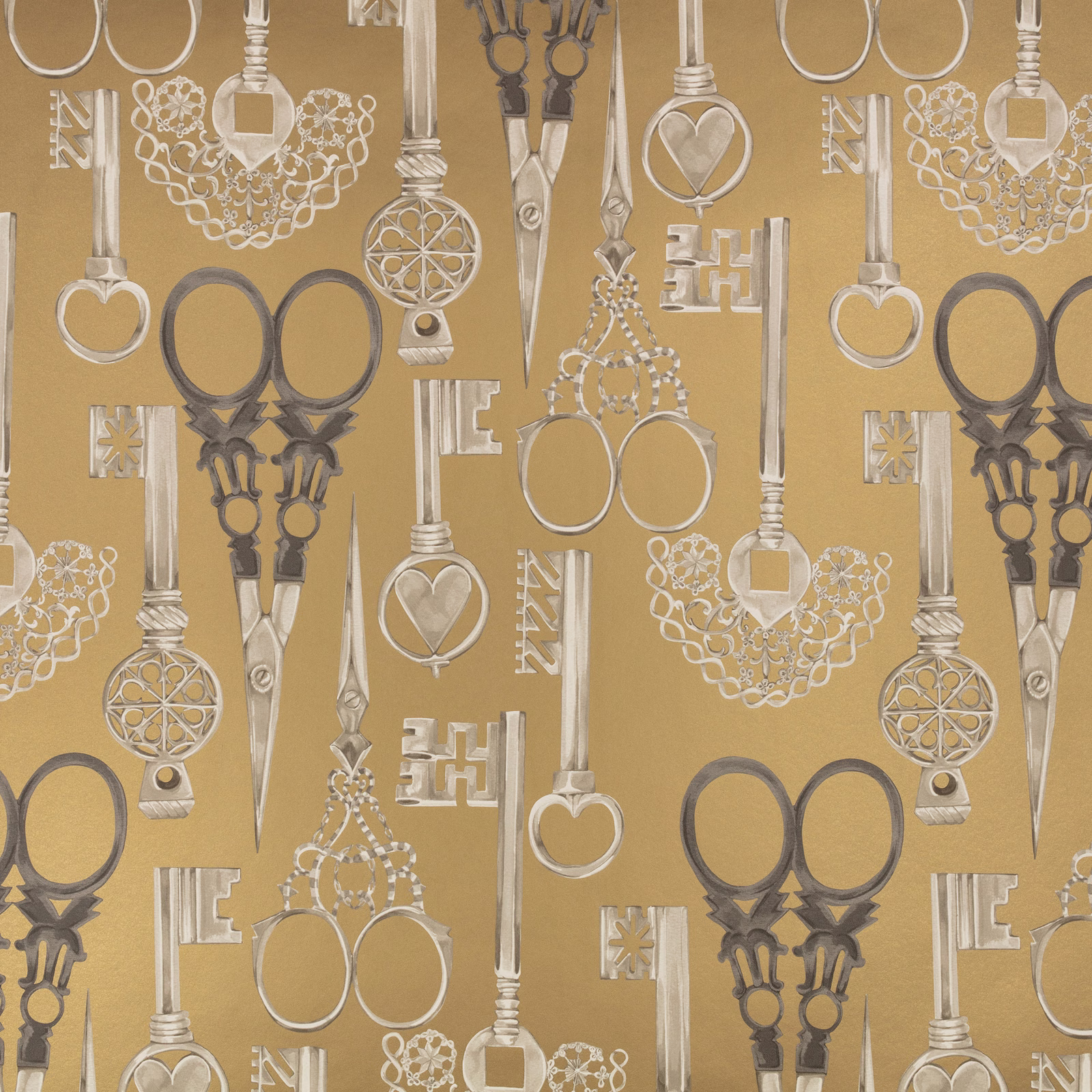 Warm vintage-gold wallpaper with silver scissors, pendants and looping motifs in repeat