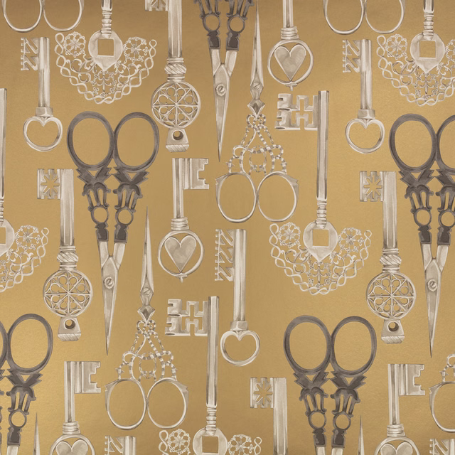 Warm vintage-gold wallpaper with silver scissors, pendants and looping motifs in repeat